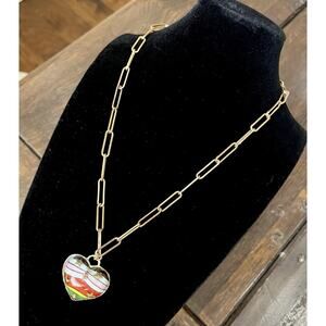 Betsey Johnson Heart Pendant Necklace Rainbow Stripes Stars Enamel Gold Tone 20”